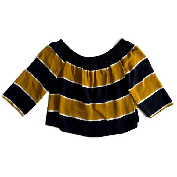 Zara Navy Blue and Mustard Stripes Off The Shoulder Top XS - Picture 2 of 7